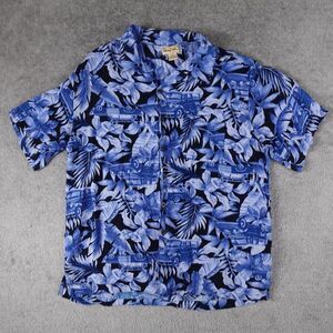 Panama Jack Shirt Mens L Blue Floral Hawaiian Short Sleeve Button Up Rayon